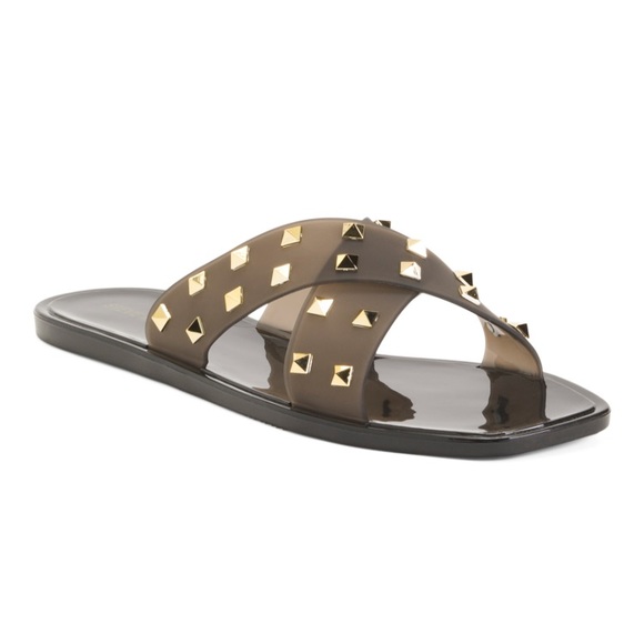 Steve Madden Tace Studded Sandals Black Gold - Picture 1 of 9